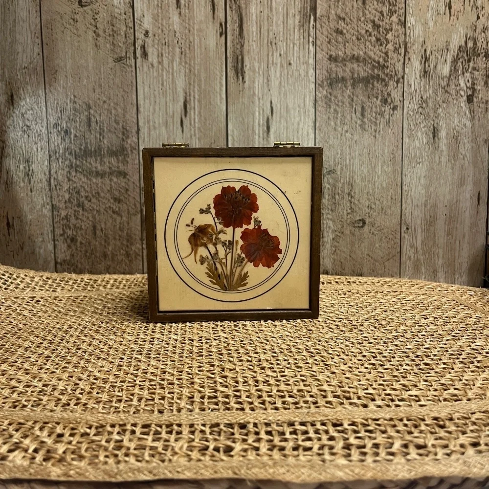 Vintage Pressed Flower Wooden Trinket Box Floral Inlay Jewelry Box Cottagecore